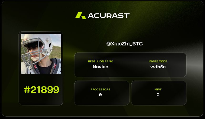 An Acurast profile card for user @XiaoZhi_BTC (ID #21899), showing Novice Rebellion Rank and an invite code "vvth5n," likely shared as part of an XHunt referral campaign offering a 200,000 ACU prize pool.