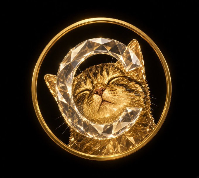A golden cat with eyes closed is framed inside a crystalline gem structure enclosed by a gold ring, conveying a luxurious, mythical aesthetic that visually reinforces the "$CATE to billions" hype. The opulent gold and diamond imagery evokes wealth and exclusivity, matching the post's bullish sentiment toward the $CATE token.