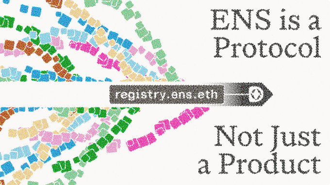 A graphic with colorful pixelated patterns and text reading 'ENS is a Protocol, Not Just a Product,' featuring a search bar displaying 'registry.ens.eth' in the center.