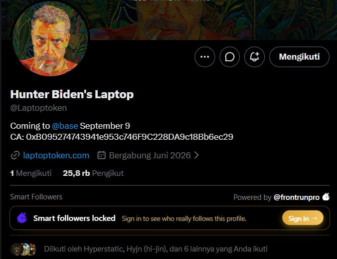 Screenshot of a social-media profile named “Hunter Biden’s Laptop” (@Laptoptoken), showing 25.8K followers, the text “Coming to @base September 9,” and a contract address beginning “CA: 0xB0952747494...”.