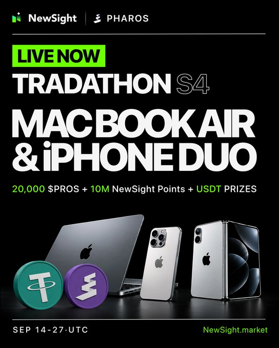 Promotional poster for 'NewSight | PHAROS TRADATHON S4' offering a MacBook Air & iPhone Duo, featuring 20,000 $PROS, 10M NewSight Points, and USDT prizes running September 14-27 UTC.