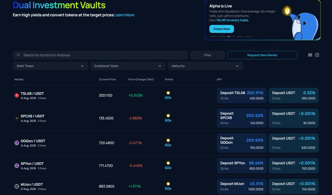 Screenshot of 'Dual Investment Vaults' interface showing markets like TSLAB/USDT, SPCX8/USDT, OGOon/USDT, SFP1on/USDT, and MUon/USDT with deposit APRs ranging from 45.31% to 200.93%, featuring an 'Alpha is Live' banner.
