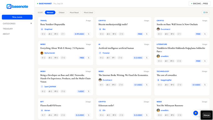 A screenshot of the Basenote platform displays a grid of trending posts categorized under TRAVEL, CRYPTO, WEB3, AI, LITERATURE, TECHNOLOGY, and NFT, with entries like "Artificial intelligence artificial human" by Forester, "Ethereum nedir?" by Eth, and "The cost of cowardice" by baggingtiger. The interface, associated with the Twitter handle @0xbasenote and the Base network (contract 0xC14C...FF02), reflects incremental progress ("minik adımlarla da olsa ilerliyoruz") on a decentralized note-sharing platform built on Base.