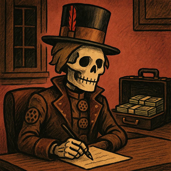 A skeleton in a top hat and steampunk attire writes at a desk beside an open briefcase full of cash, symbolizing Monday grind and hustle for new opportunities. The image reinforces the post's message of working hard and pursuing collaborations to build wealth.