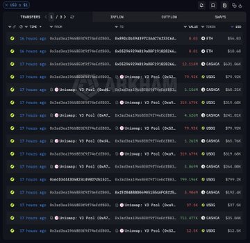 The image shows a blockchain transaction tracking interface displaying multiple token transfers involving CASHCAT, USDC, and USDT tokens, with various transaction amounts ranging from $1.68 to $319.47K across different wallet addresses over the past 27 hours. This visualizes the trader's large-scale purchases of $1 million in CASHCAT, showing the 17+ hours ago transaction activity from address 0x3ad3e0... that resulted in their current $1.1M CASHCAT holdings across multiple addresses.