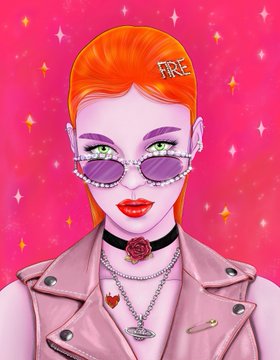 A digital illustration of a stylish woman with orange hair, purple sunglasses, and a pink jacket against a sparkly pink background, featuring the text "FREE" above her head—suggesting a free NFT edition available on Ethereum, aligning with the caption about ETH editions.