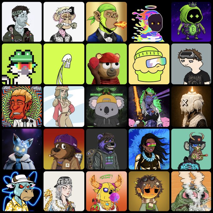 A grid of various cartoon-style NFT avatars including monkeys, bears, skeletons, and cyberpunk characters with diverse traits and accessories.