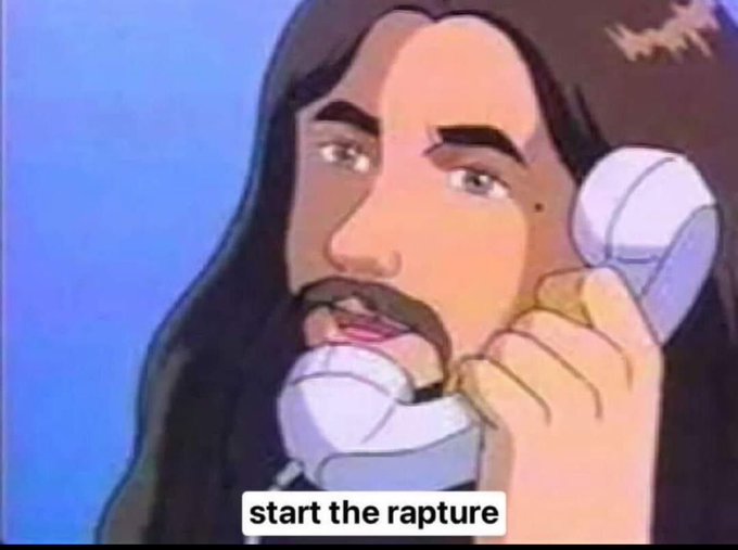 A cartoon illustration of a long-haired man holding a white telephone receiver to his ear, with the caption 'start the rapture' overlaid at the bottom.