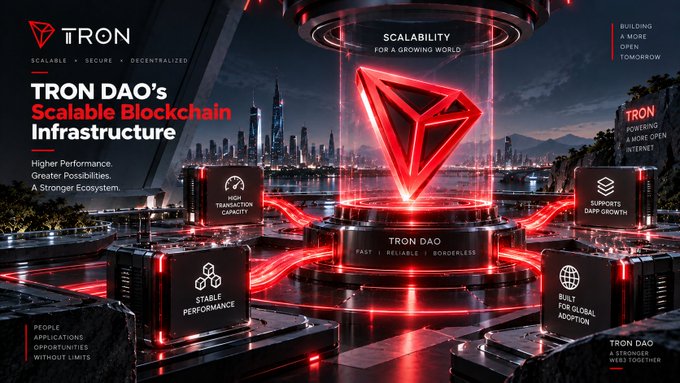 A promotional banner for "TRON" advertises "TRON DAO's Scalable Blockchain Infrastructure" with attributes like "Higher Performance," "Greater Possibilities," and "A Stronger Ecosystem" displayed around a central glowing TRX logo.