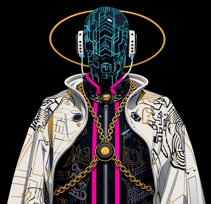 A digital illustration of a futuristic, masked figure wearing a cybernetic helmet with glowing cyan circuitry, a white jacket, and gold chains against a black background.