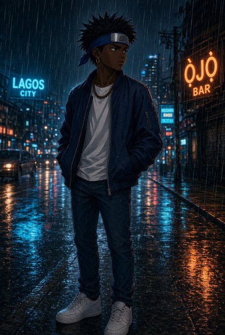 An anime-style character stands in a rain-slicked city street at night, wearing a dark blue bomber jacket and headband, with neon signs reading "LAGOS CITY" and "OJO BAR" in the background.