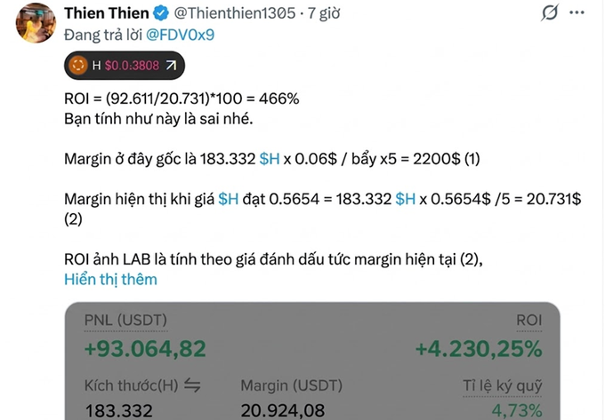The image shows a screenshot of a Twitter post by Thiên Thiên, an American model who has gained popularity with her dramatic posts and candid photos. The post centers around the heated exchange over H-futures token orders, as evidenced by the text posted in the image that includes discussions about mathematical formulas and a comparison between the value of the token being sold for $93k. A hashtag appears on Thiên Thiên's name, suggesting a conversation related to her or her lifestyle. The image is accompanied by an overlay of text explaining the details of the token order.