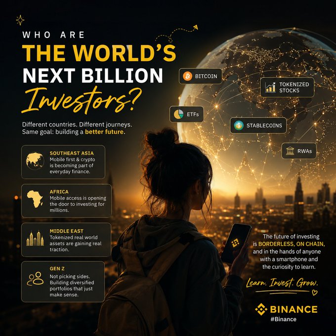 A Binance promotional infographic titled 'WHO ARE THE WORLD'S NEXT BILLION INVESTORS?' highlighting Southeast Asia, Africa, Middle East, and Gen Z, with icons for Bitcoin, ETFs, Tokenized Stocks, Stablecoins, and RWAs, branded with #Binance.