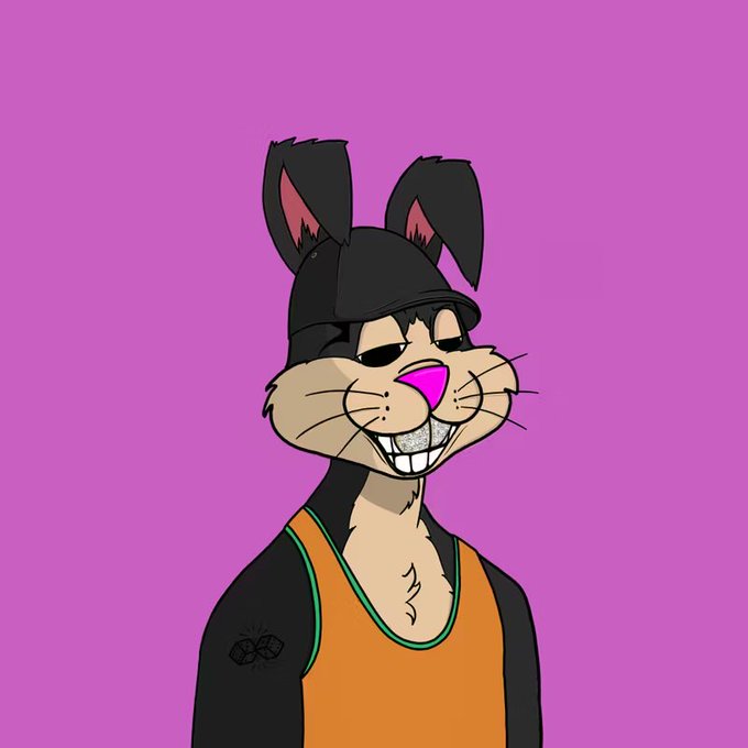 A cartoon illustration of a black and white rabbit-like character with a smug expression, wearing an orange tank top against a bright pink background.