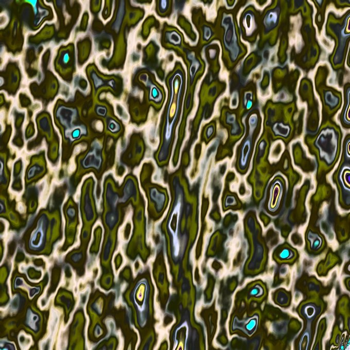 An abstract, heavily textured pattern of green, brown, and black shapes interspersed with bright cyan and white highlights.
