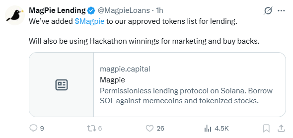 The image shows a screenshot of a Twitter post by @magpieloans, which contains text about a project called "MagpieCapital". The post also mentions that this project has won the Hackathon @solana hackathon. The post includes a link to a white document with information about the project's winnings and how it will be used for marketing and buying back shares.