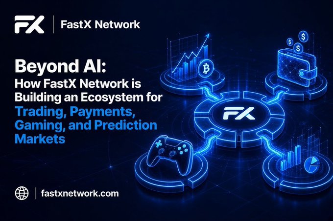 A promotional graphic for 'FX | FastX Network' titled 'Beyond AI: How FastX Network is Building an Ecosystem for Trading, Payments, Gaming, and Prediction Markets,' features blue neon-style icons of a game controller, wallet, and charts radiating from a central FX logo, with 'fastxnetwork.com' at the bottom.