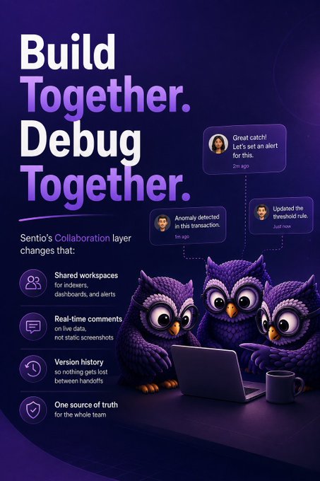 A purple promotional graphic featuring three cartoon owls working at a laptop displays the headline "Build Together. Debug Together." and highlights Sentio's Collaboration layer with features like shared workspaces, real-time comments, version history, and one source of truth, complemented by floating chat notifications from team members.