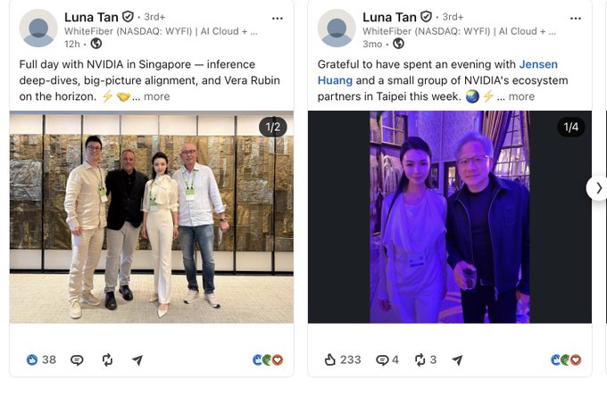 Two LinkedIn posts by Luna Tan (WhiteFiber NASDAQ: WYFI) discussing her day with NVIDIA in Singapore and an evening with Jensen Huang in Taipei.