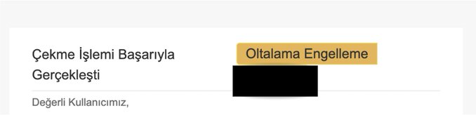 A screenshot showing a Turkish phishing notification displaying "Çekme İşlemi Başarıyla Gerçekleşti" (Withdrawal Transaction Successfully Completed) alongside an "Oltalama Engelleme" (Phishing Prevention) alert, demonstrating how the anti-phishing code helped identify the fraudulent email by revealing the disguised "withdrawal" transaction attempt.