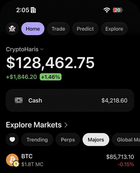 A cryptocurrency trading app screenshot showing a Home page with a portfolio labeled "CryptoHaris" valued at $128,462.75, showing a gain of +$1,846.20 (+1.46%), with cash balance of $4,218.60, and BTC trading at $85,713.10 with -0.15% movement.
