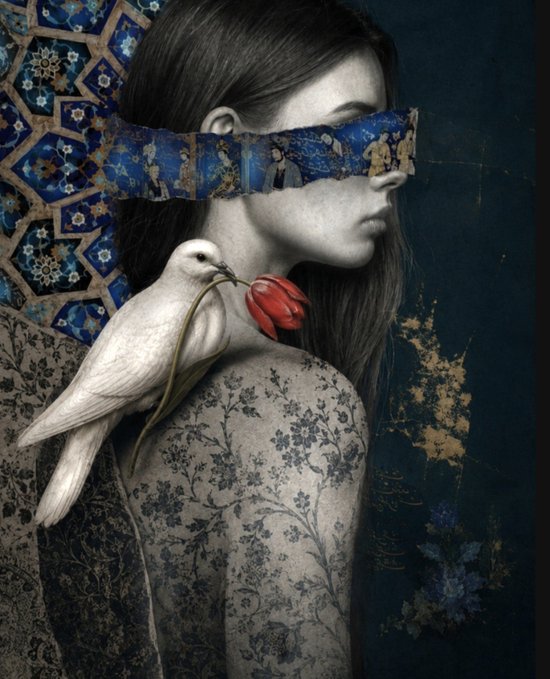 A stylized artistic portrait of a woman in profile with a decorative blindfold covering her eyes, a white bird perched on her shoulder holding a red tulip, against a patterned blue background.