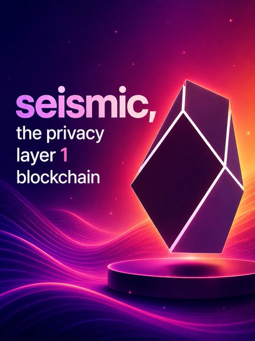 A vibrant pink and purple promotional graphic features a glowing diamond-shaped crystal on a pedestal with the text "seismic, the privacy layer 1 blockchain" displayed prominently. The image visually reinforces the post's message about SeismicSys's role as a privacy-focused Layer 1 blockchain designed to make encrypted smart contracts the standard for next-generation applications.