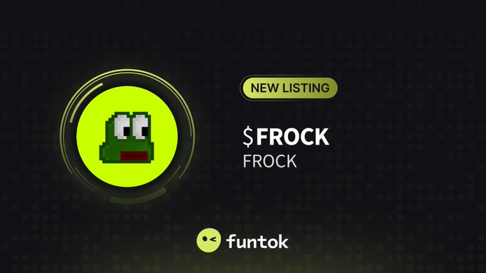 A Funtok announcement for a new meme token listing called 'FROCK', featuring a pixelated green frog character icon.