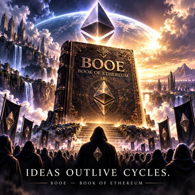 A dramatic fantasy digital artwork features a giant book titled 'BOOE BOOK OF ETHEREUM' with an Ethereum logo, surrounded by hooded figures and the text 'IDEAS OUTLIVE CYCLES. BOOE - BOOK OF ETHEREUM.'