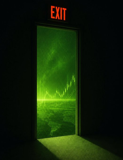 A glowing green doorway marked with a red "EXIT" sign opens into an eerie, hazy green void filled with faint, floating bar-graph-like shapes and a digital landscape on the floor.