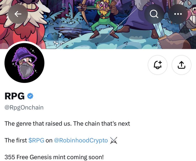 A Twitter/X profile page for RPG (@RpgOnchain), featuring a banner with cartoon adventurers and a wizard avatar, displaying the bio: "The genre that raised us. The chain that's next. The first $RPG on @RobinhoodCrypto. 355 Free Genesis mint coming soon!" The image aligns with the accompanying post, highlighting the verified RPG account, the free 355-supply genesis mint, and its launch on Robinhood Crypto.
