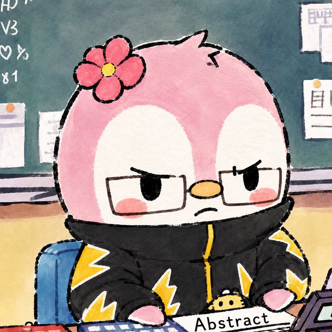 A watercolor-style illustration of a stern-looking pink penguin-like character with a flower on its head, sitting at a desk wearing a black and yellow jacket, with a label reading 'Abstract'.