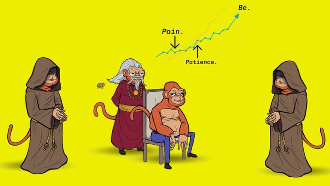 A cartoon on a bright yellow background depicting hooded monkey figures flanking an elderly monkey sage and a seated monkey, with a chart above showing 'Pain' and 'Patience' leading to 'Be' on an upward trending line.