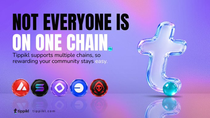 Tippikl advertisement with text 'NOT EVERYONE IS ON ONE CHAIN. Tippikl supports multiple chains, so rewarding your community stays easy,' displaying various cryptocurrency chain logos and a 3D cross figure.
