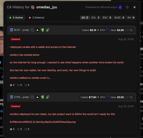 A crypto analytics dashboard displays the CA (Contract Address) History for user 'omedias_jyu', powered by @front_run_pro, showing 2 deleted pump tokens (8CUF and 5vP9) with significant drops from their called ATH values to current prices, alongside poetic posts about deploying 'zerella' and 'omnibro' tokens.