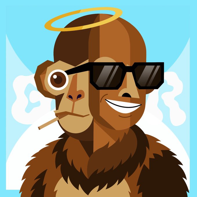 A digital illustration of a stylized gorilla character with a golden halo, smoking a cigarette, wearing sunglasses, and draped in fur against a light blue background.