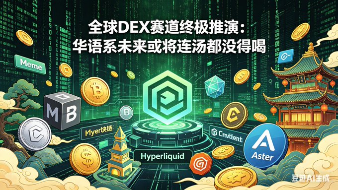 A Chinese-language cryptocurrency graphic titled '全球DEX赛道终极推演：华语系未来或将连汤都没得喝' featuring various DEX logos including Hyperliquid, Aster, and Meme against a dark green digital background.