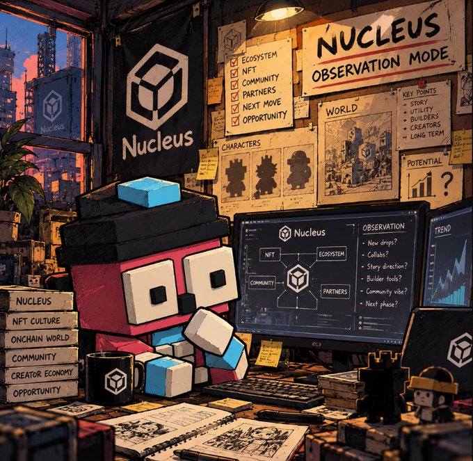 An illustrated scene depicting a desk workspace with a robot character, computer monitors showing "Nucleus" dashboards about NFT, Ecosystem, Community, and Partners, surrounded by stacks of books labeled with topics like "NFT Culture," "Onchain World," and "Creator Economy."