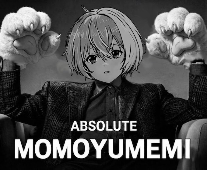 A black-and-white anime-style image featuring a character with cat paw gloves and the text 'ABSOLUTE MOMO YUMEMI' overlaid.