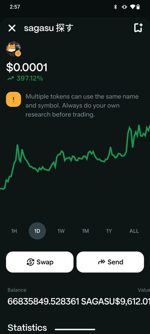 A crypto trading app screen showing the token "sagasu 探す" (SAGASU) priced at $0.0001, up 397.12%, with a 1-day chart and a balance of 6,683,584,928,361 SAGASU tokens.