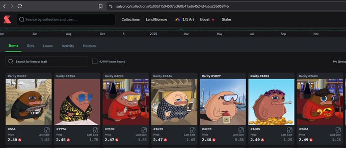 A screenshot of the Salvor marketplace showing a collection of 4,999 NFTs with floor prices ranging from 2.45-2.49 AVAX and various rarity rankings displayed beneath each item. The "Sweep the floor" sentiment aligns with the user viewing the collection's floor prices across multiple low-ranked NFTs (#364-#2461).