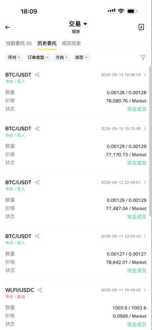 A mobile app screenshot showing a trading history page in Chinese with multiple completed ('完全成交') orders for BTC/USDT at prices ranging from approximately 77,170 to 78,642, along with one WLFI/USDC order, all timestamped in 2026.