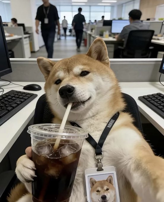 A Shiba Inu wearing an office lanyard and ID badge sits at a desk in a modern office, holding a large iced drink with a straw.