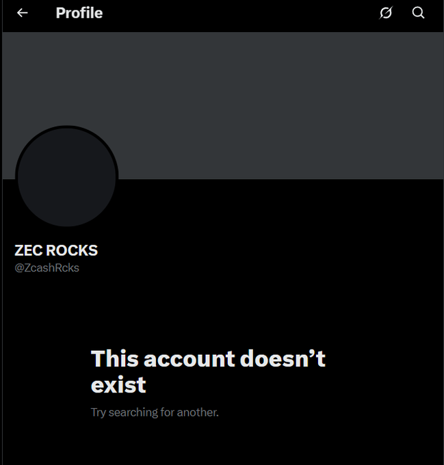 The image shows a Twitter/X profile page for "ZEC ROCKS" (@ZcashRcks) displaying the message "This account doesn't exist - Try searching for another," indicating the account has been deleted. This relates to the post suggesting the account's NFT or token holdings were stolen and sold by the developer, who then disappeared the account after launching a Solana project.