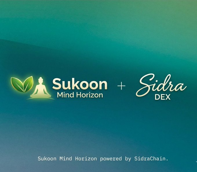 The image displays a partnership announcement between "Sukoon Mind Horizon" and "Sidra DEX," with the tagline "Sukoon Mind Horizon powered by SidraChain" set against a teal gradient background featuring a meditating figure and green leaves logo, visually representing the collaboration behind SidraDEX's transformation into a fully decentralized exchange.