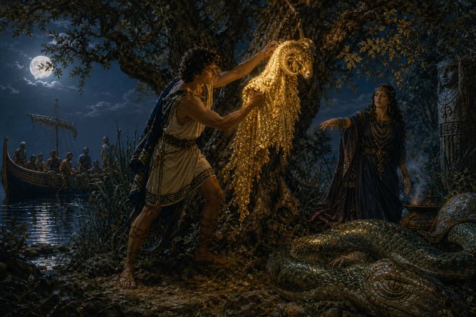 A dramatic moonlit scene depicts the mythological retrieval of the Golden Fleece, where a man in a tunic drapes the glowing golden ram's skin over a gnarled tree while a robed woman gestures nearby, with an ancient serpent coiled at the base and a ship visible in the distant waters—visually echoing the post's reference to the Golden Fleece as a symbol for the newly-acquired Argonaut investment, framing the purchase as the triumphant completion of the quest rather than its beginning.