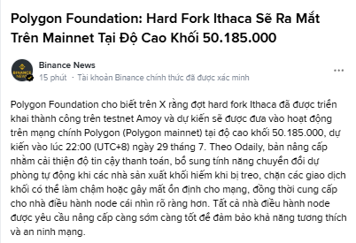 A Vietnamese-language news article from Binance News titled 'Polygon Foundation: Hard Fork Ithaca Sẽ Ra Mắt Trên Mainnet Tại Độ Cao Khối 50.185.000,' detailing the upcoming Polygon network hard fork on July 29.