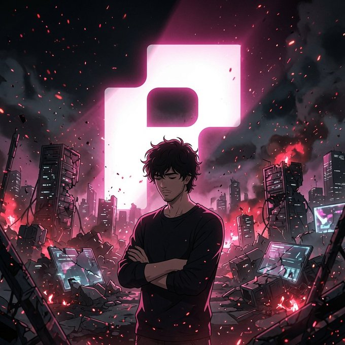 An anime-style illustration of a dark-haired man with crossed arms standing amid a destroyed cyberpunk cityscape, with a large glowing pink logo behind him and burning debris around.