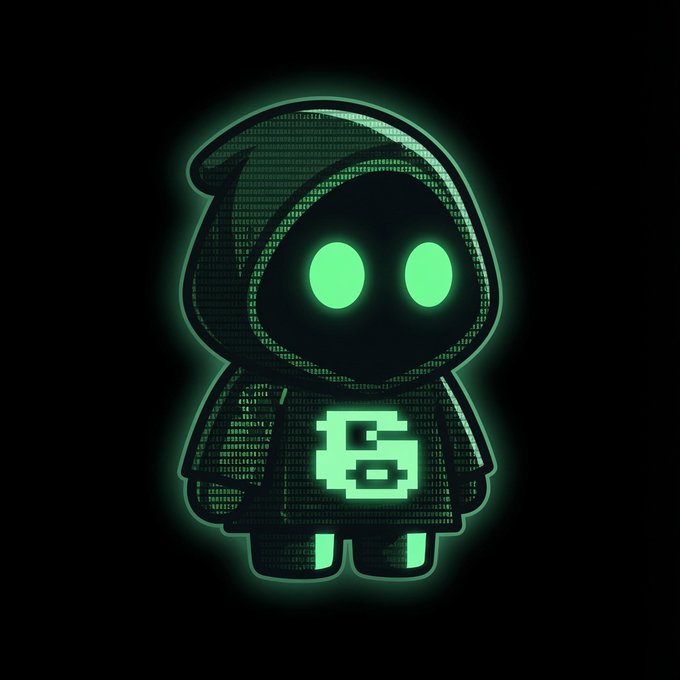 This image shows the HoodAI logo, a pixelated character with glowing eyes and a hoodie covered in binary code, representing their AI trading agent. The accompanying post announces a giveaway by @HoodAI0x, offering three GTD spots.