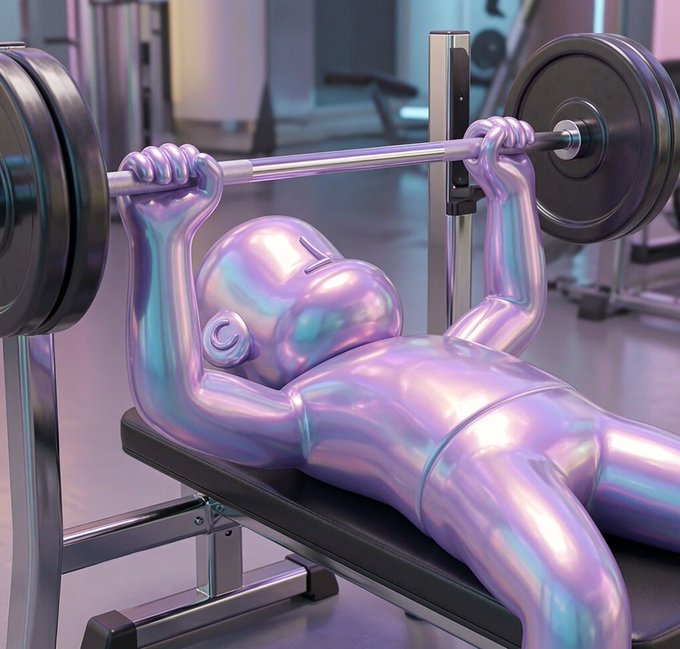 A glossy purple humanoid figure performs a bench press with a barbell in a gym setting.